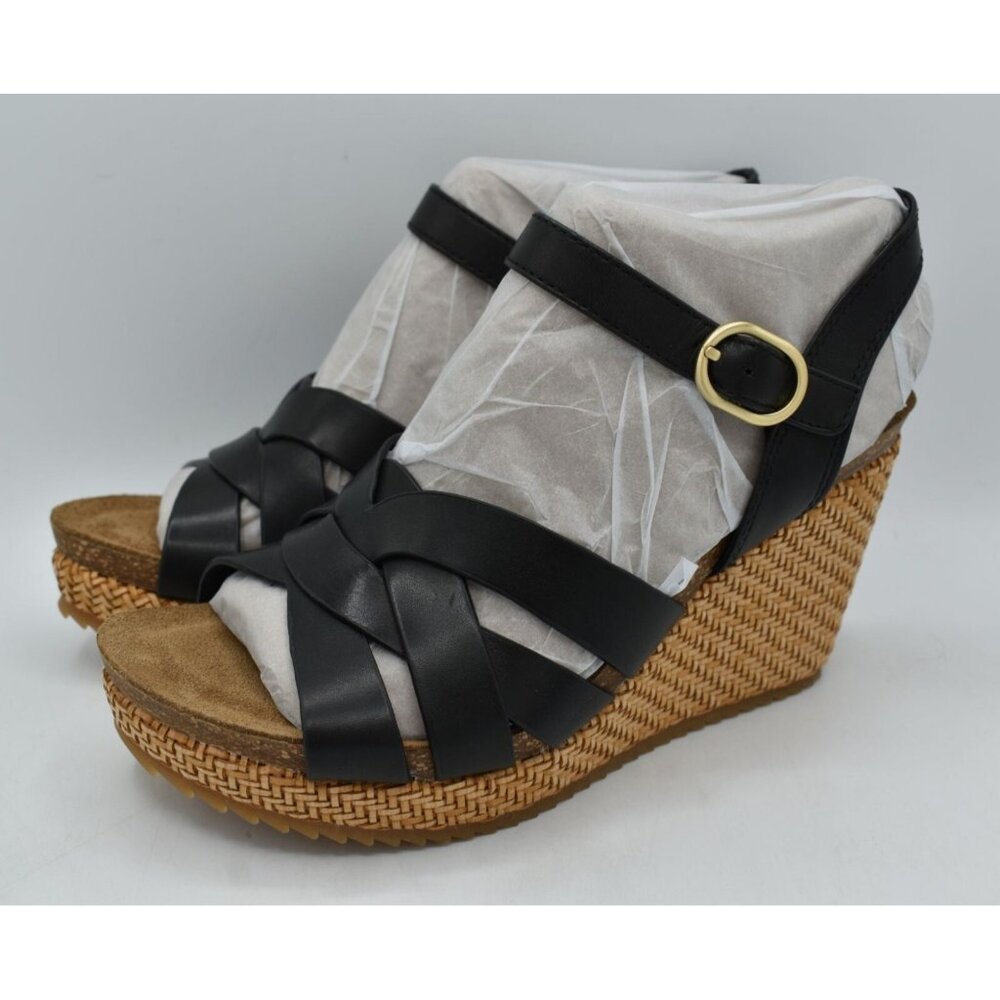 Sofft Womens Size 10 Carlana Black Leather‎ Wedge Sandals Shoes